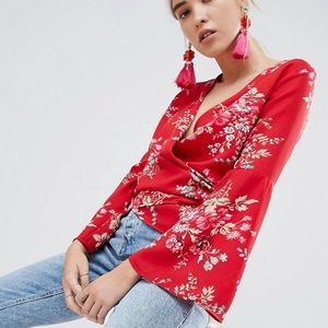 Boohoo Floral Side Tie Wrap Blouse